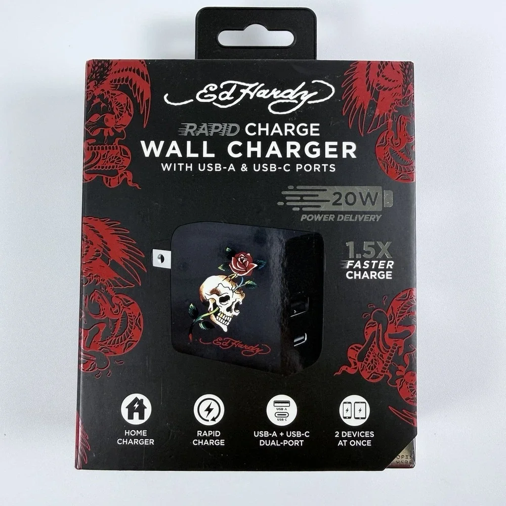 Ed Hardy 20W PD Rapid Wall Charger Skull Rose USB-A USB-C Dual Port NIB